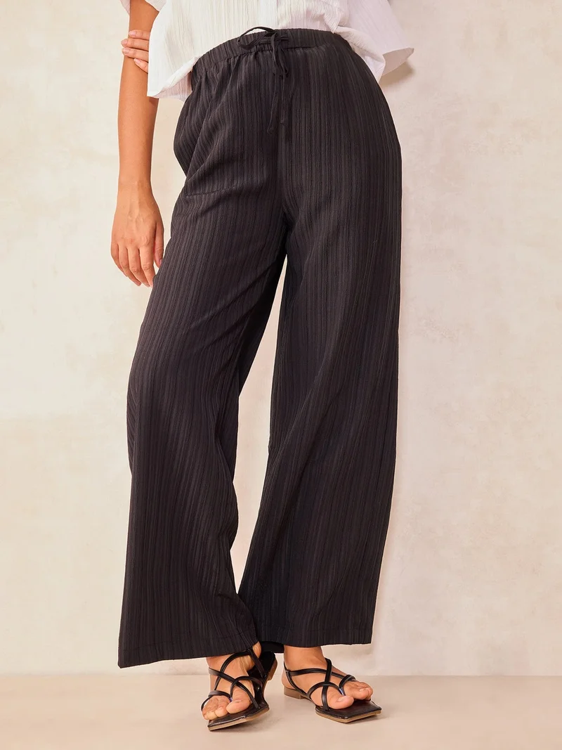 OUTZIDR Black Textured Pull On Wide Leg Trouser